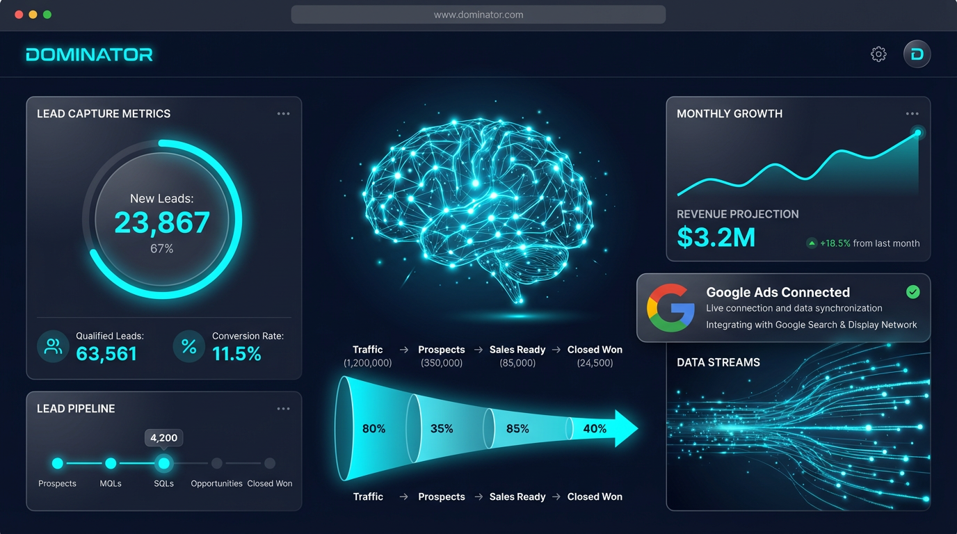 Dominator AI Lead Generation Platform dashboard showing analytics, lead capture funnels, and AI neural network visualization