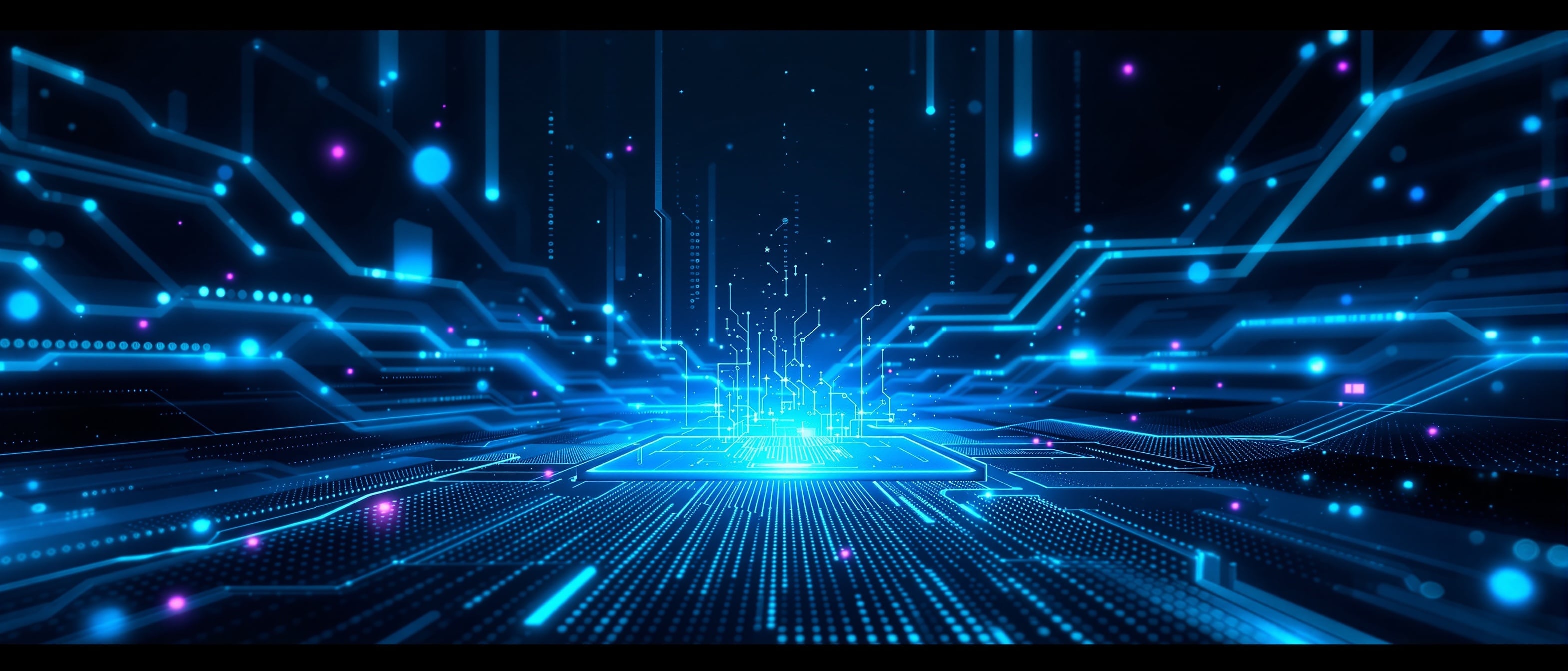 Futuristic AI technology landscape with glowing cyan neural network pathways